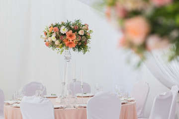 Beautiful flowers on table in wedding day