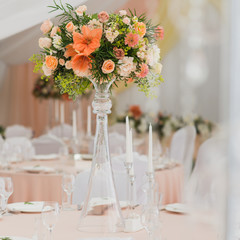 Beautiful flowers on table in wedding day