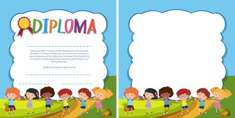 Diploma and border template with happy kids in park