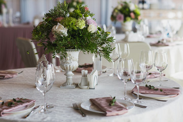 Beautiful flowers on table in wedding day