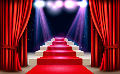 Fototapeta premium Showroom with red carpet leading to a podium and a spotlight. Festival night show background. Vector.