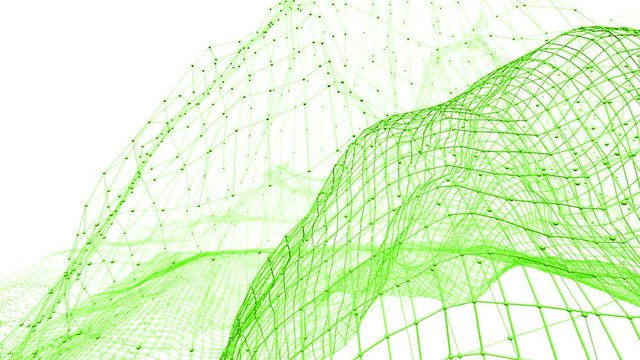 Abstract clean green waving 3D grid or mesh as beautiful background. Green geometric vibrating environment or pulsating math background.