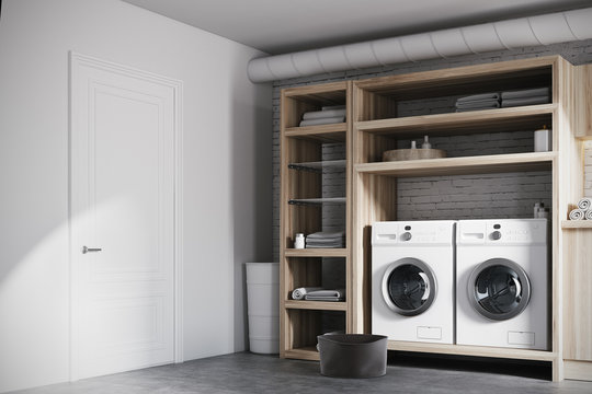 White And Wooden Laundry Room Interior Corner