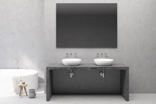 Concrete bathroom interior, double sink