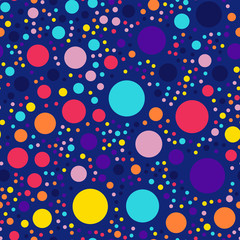 Memphis style polka dots seamless pattern on dark blue background. Shapely modern memphis polka dots creative pattern. Bright scattered confetti fall chaotic decor. Vector illustration.