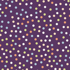 Colorful polka dots seamless pattern on bright 11 background. Impressive classic colorful polka dots textile pattern. Seamless scattered confetti fall chaotic decor. Abstract vector illustration.