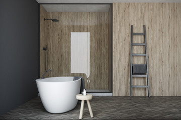 Fototapeta na wymiar Gray and wooden bathroom, white tub, shower