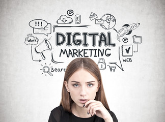 Fototapeta premium Close up of a pensive teen girl, digital marketing