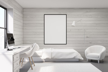 White wood bedroom, computer and poster