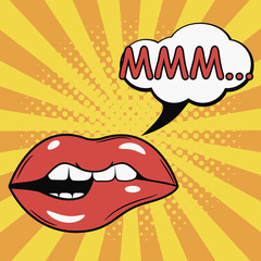 Sexy Female Bite Lips with speech bubble. Comics illustration in pop art retro style at sunburst background with dot halftone effect. Vector.