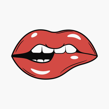 Sexy Female Bite Lips. Comics illustration in pop art retro style. Vector.