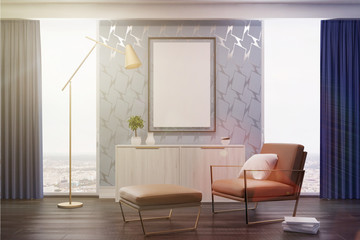 Gray living room, beige armchair toned