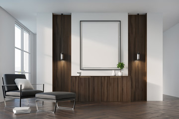 White and wooden living room, armchair, poster