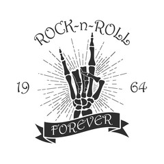 Rock music print with skeleton hand, sunburst and ribbon. Hipster vintage logo with lettering - rock-n-roll forever. Design for t-shirt, clothes, apparel. Vector illustration.