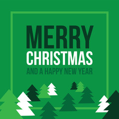 Merry Christmas and Happy New Year Text with Pine Trees Over Green Background, Vector Illustration