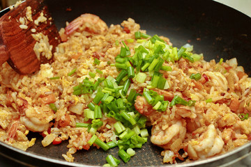 Homemade cooking,Fried Jasmine rice with prawns in yellow powder