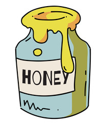 Honey jar cartoon hand drawn image. Original colorful artwork, comic childish style drawing.