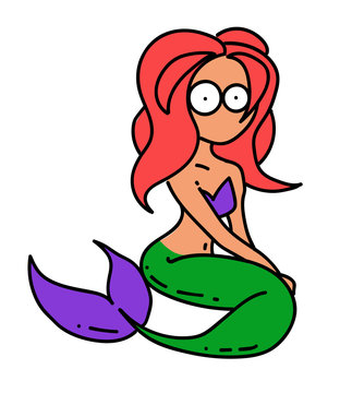 Mermaid cartoon hand drawn image. Original colorful artwork, comic childish style drawing.