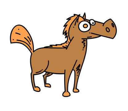 Cartoon horse cartoon hand drawn image. Original colorful artwork, comic childish style drawing.