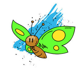 Butterfly cartoon hand drawn image. Original colorful artwork, comic childish style drawing.