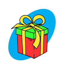 Present cartoon hand drawn image. Original colorful artwork, comic childish style drawing.
