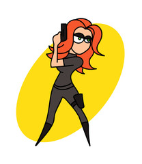 Female spy cartoon hand drawn image. Original colorful artwork, comic childish style drawing.
