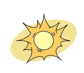 Sun cartoon hand drawn image. Original colorful artwork, comic childish style drawing.