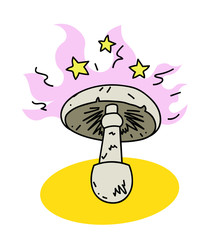 Magic toadstool cartoon hand drawn image. Original colorful artwork, comic childish style drawing.