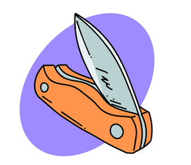 Folding knife cartoon hand drawn image. Original colorful artwork, comic childish style drawing.