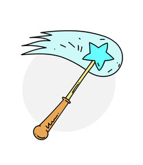 Magic wand cartoon hand drawn image. Original colorful artwork, comic childish style drawing.