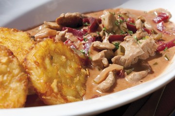Pork Stroganoff and hash browns