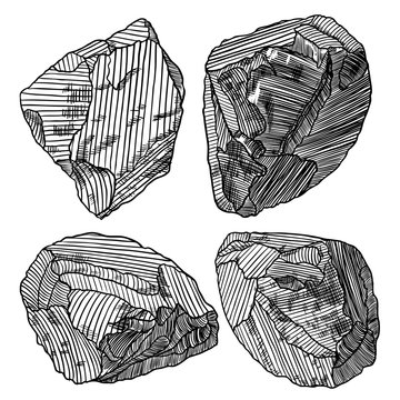 Gold rock or nugget set. Stones prill rubble. Magic crystals of different forms and shapes. Earth magical sacred elements. Vector.
