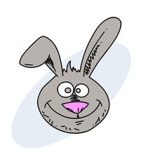 Funny rabbit face hand drawn cartoon image. Freehand artistic illustration.