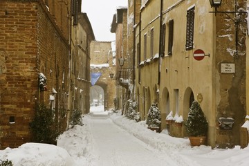 Snow-covered road in Pienza, Tuscany, Italy, Europe