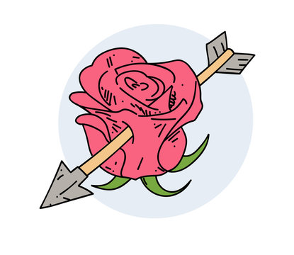 Rose with an arrow in it, hand drawn cartoon image. Freehand artistic illustration.