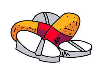 Pills cartoon hand drawn image. Original colorful artwork, comic childish style drawing.