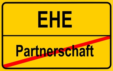 Sign city limits, symbolic image for a conflict between partnership and marriage
