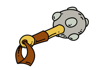 Medieval mace cartoon hand drawn image. Original colorful artwork, comic childish style drawing.