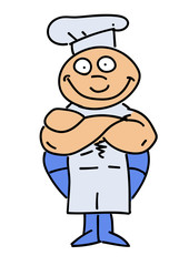 Happy cook cartoon hand drawn image. Original colorful artwork, comic childish style drawing.