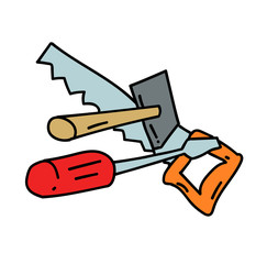 Tools hand drawn image. Original colorful artwork, comic childish style drawing.