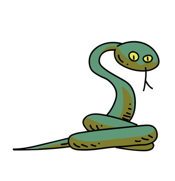 Snake cartoon hand drawn image. Original colorful artwork, comic childish style drawing.