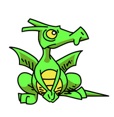 Funny little dragon cartoon hand drawn image. Original colorful artwork, comic childish style drawing.