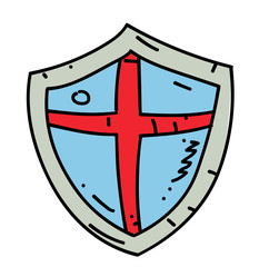 Medieval shield cartoon hand drawn image. Original colorful artwork, comic childish style drawing.