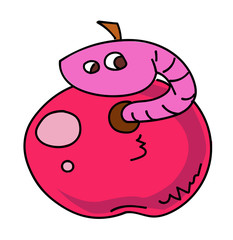 Apple bug cartoon hand drawn image. Original colorful artwork, comic childish style drawing.