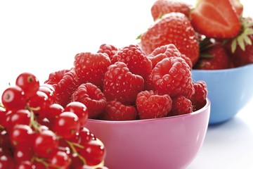 Wild berries in colourful bowls, raspberries, currants, strawberries