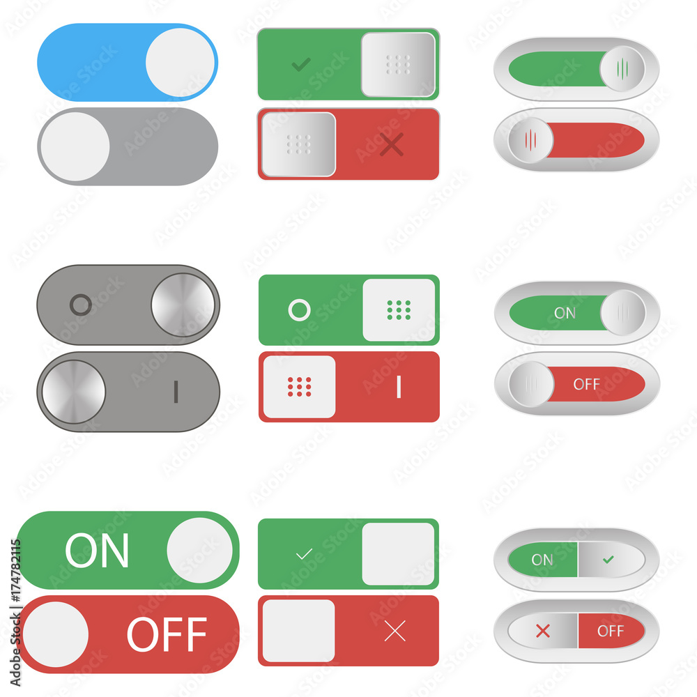Poster On and Off switch buttons. Set of Include and shutdown toggle sliders. Element of design for applications, websites, computer and smartphone programs. Vector illustration.