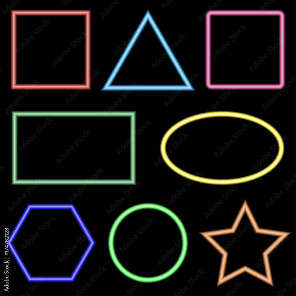 Aufkleber Neon frame set. Illuminated framework shapes, glowing colorful signboard. Vector illustration.