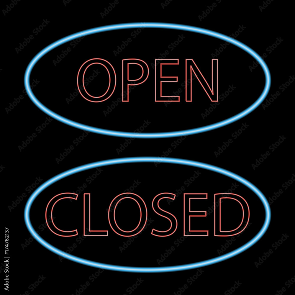 Poster open and closed neon signborad. illuminated signage. glowing colorful door sign. vector illustration