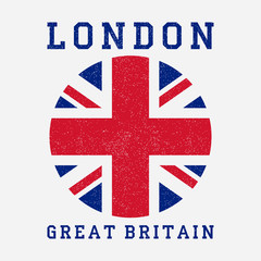 London typography with Great Britain flag. Grunge print for design clothes, t-shirt, apparel. Vector illustration.