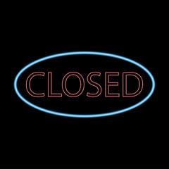 Closed neon signborad. Illuminated signage. Glowing colorful door sign. Vector illustration.